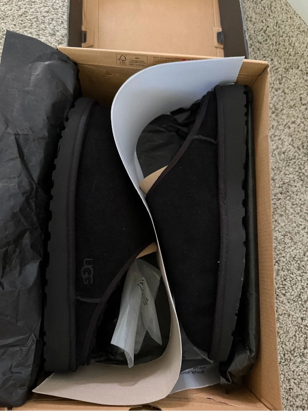 UGG Men's Black Suede Slip-On Mules with Tan Accents
